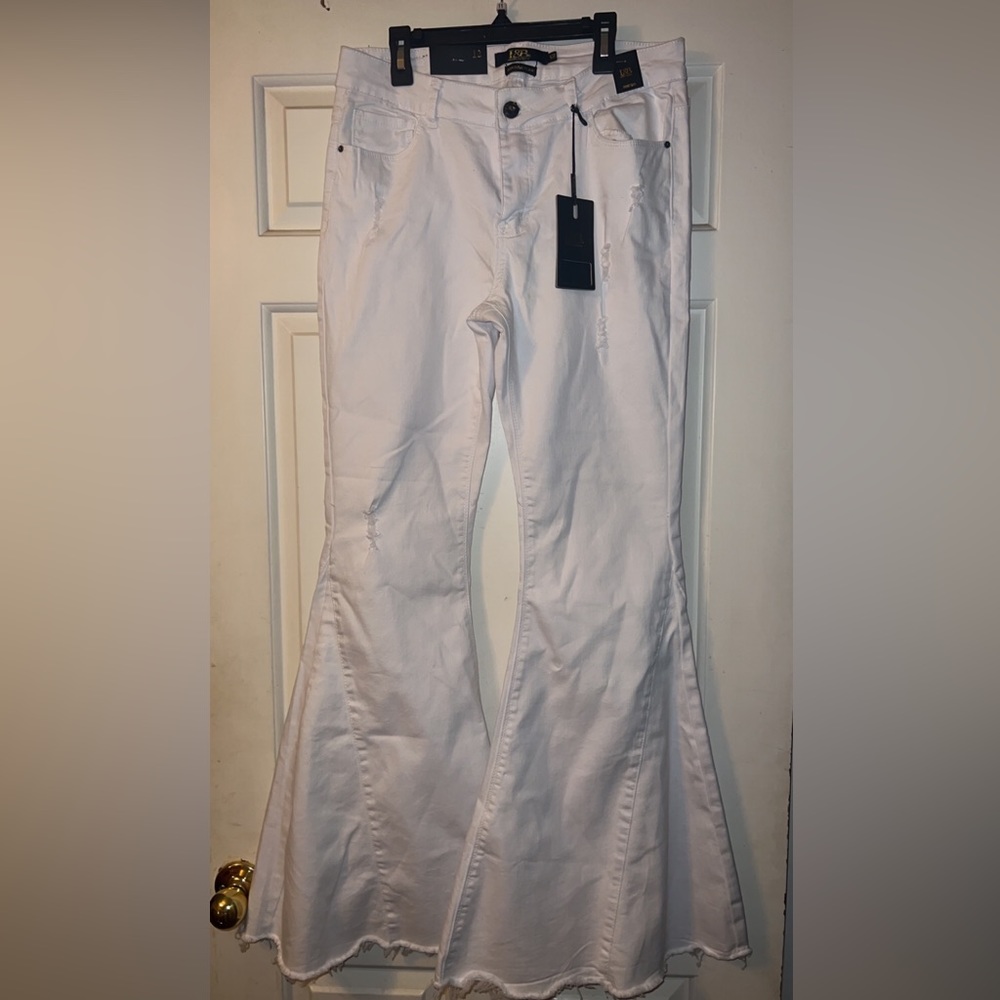 L&B lucky & blessed white high rise flares.